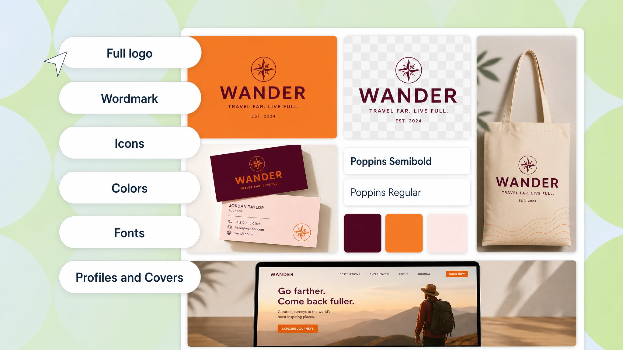 Marketing materials showcasing AI generated logos on cards and websites
