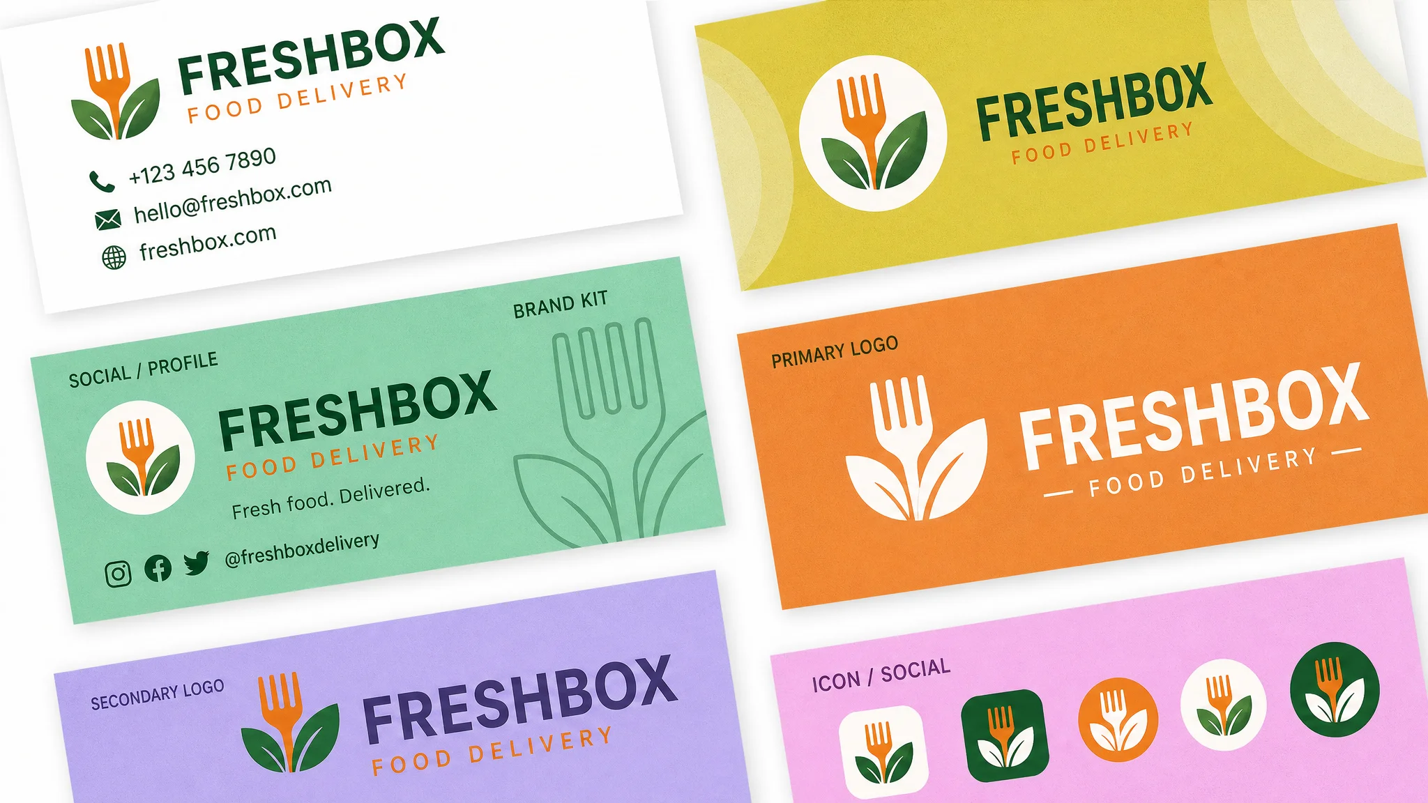Diagram showing the contents of a brand kit, including logo files, social profiles, and business cards